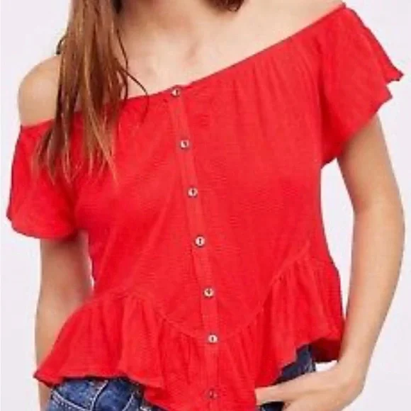 Free People Red Ruffled Peplum Top - Picture 2 of 7